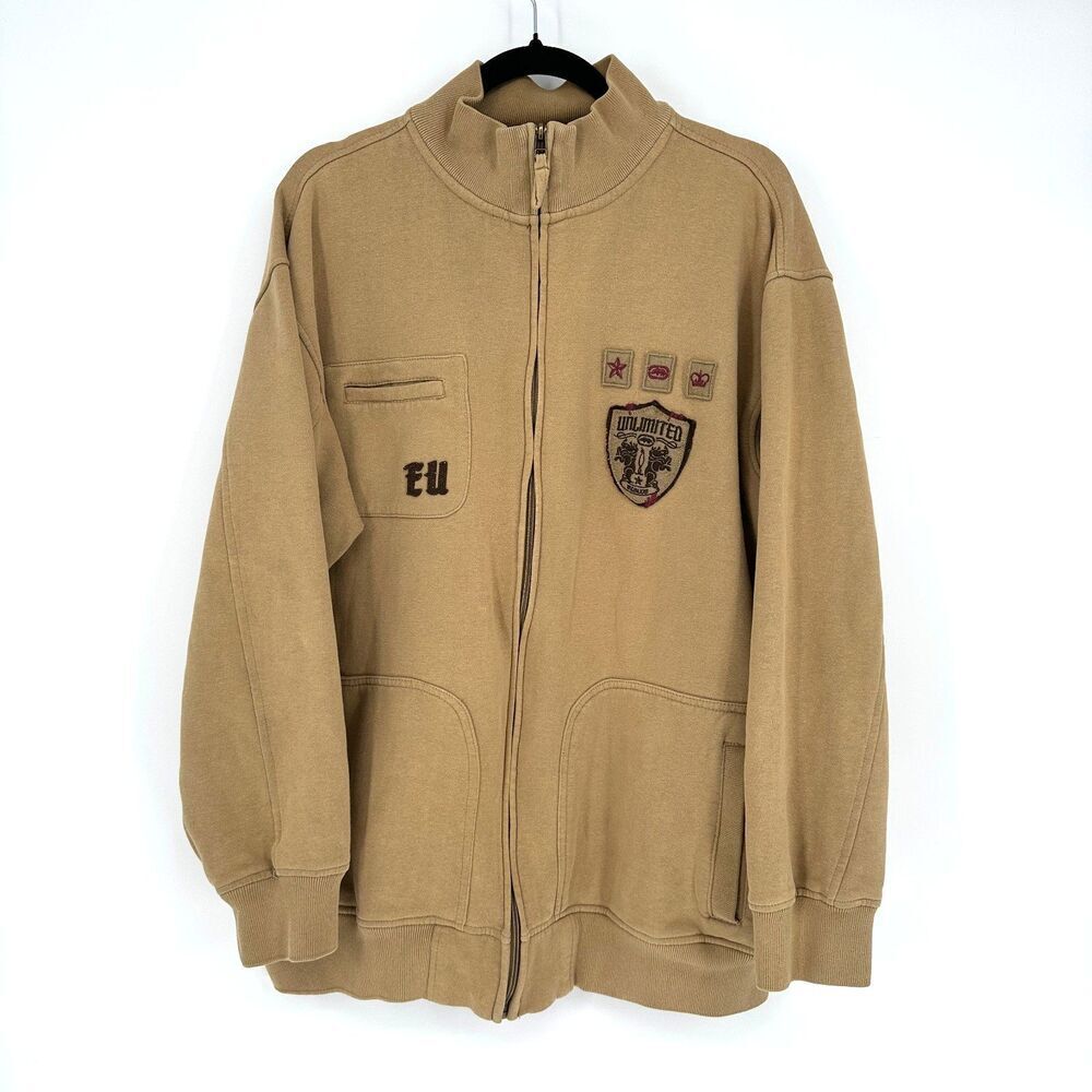 Vintage Ecko Unltd Mens Y2K Full Zip Jacket XL Tan Grafitti Grunge Streetwear